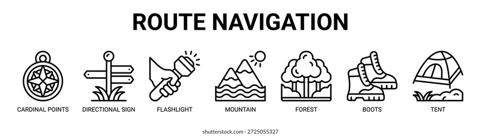 Route Navigation web banner icon vector illustration concept with icon of cardinal points, directional sign, flashlight, mountain, forest, boots.