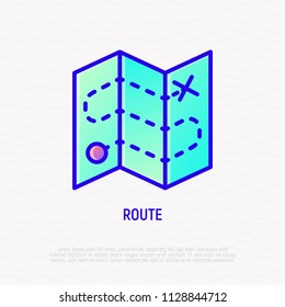 Route on folded map thin line icon. Modern vector illustration of navigation.