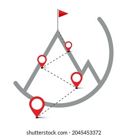 Route on hill with navigation pins, flag on top mountain