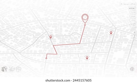 Ruta en el mapa. Mapa de la ciudad con varios puntos de interés. Sistema de seguimiento GPS para navegar y encontrar el camino alrededor de los Lugares famosos de la ciudad, direcciones a diferentes lugares. Ilustración vectorial