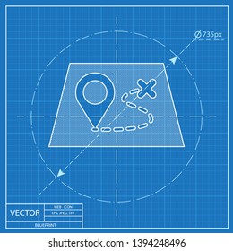 Route on a map with destination illustration. Adventures vector blueprint icon 
