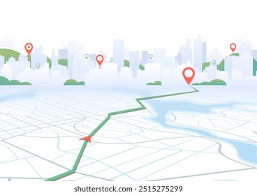 Route on the map to pin. City street map with various points of interest. GPS tracking system to navigate and find way around the city landmarks, directions to different locations. Vector illustration