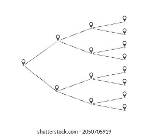 el icono de ruta de acceso es una línea de puntos. Una ruta con una extensa red de puntos intermedios y de inicio de tráfico. Diseño plano
