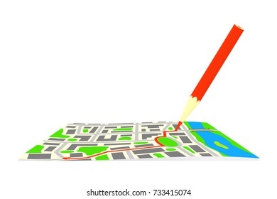 The route and pencil on the map of the city.