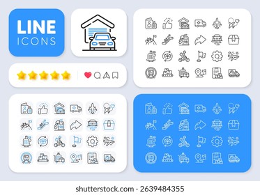 Route, Petrol station and Delivery report line icons for web app. Message, Share, Like social media icons. Pack of Plane, Escalator, Ambulance emergency pictogram icons. Vector