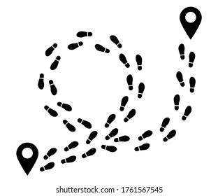 Route with pin map and human walking footprints shoes. Black silhouette feet steps. Walking Trekking footmark. Vector illustration