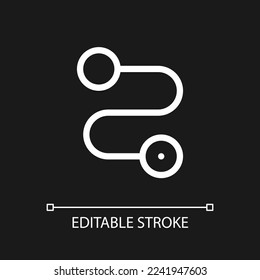 Route Pixel perfekt weiß lineares Icon für dunkles Thema. Logistik und Verteilung. Piktogramm der Vektorlinie. Identifiziertes Benutzeroberflächen-Symbol für den Nachtmodus. Bearbeitbarer Strich. Arithmetik verwendet