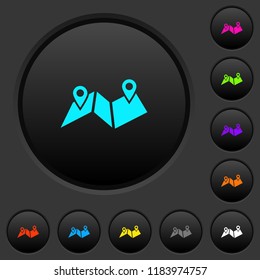 Route plan dark push buttons with vivid color icons on dark grey background