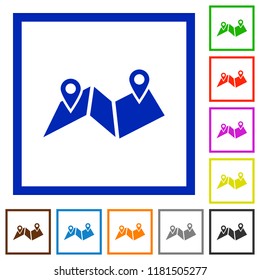 Route plan flat color icons in square frames on white background