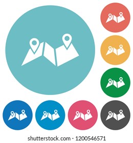 Route plan flat white icons on round color backgrounds