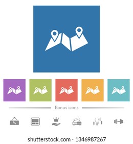 Route plan flat white icons in square backgrounds. 6 bonus icons included.