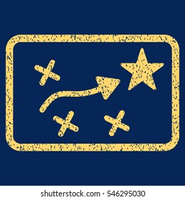 Route Plan grainy textured icon for overlay watermark stamps. Flat symbol with unclean texture. Dotted vector yellow ink rubber seal stamp with grunge design on a blue background.