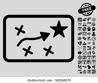 Route Plan icon with bonus calendar and time service pictograms. Vector illustration style is flat iconic symbols, black color, light gray background.