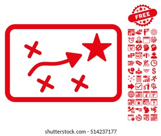 Route Plan icon with bonus calendar and time service pictures. Vector illustration style is flat iconic symbols, red color, white background.