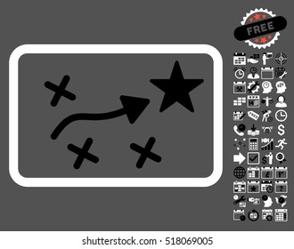 Route Plan icon with bonus calendar and time management icon set. Vector illustration style is flat iconic symbols, black and white colors, gray background.