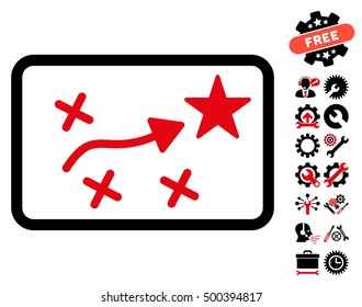 Route Plan icon with bonus options pictograph collection. Vector illustration style is flat iconic symbols, intensive red and black colors, white background.