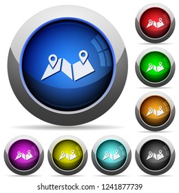 Route plan icons in round glossy buttons with steel frames