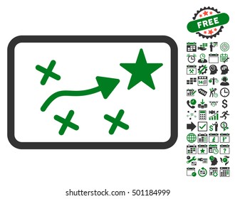 Route Plan pictograph with bonus calendar and time management images. Vector illustration style is flat iconic symbols, green and gray colors, white background.