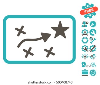 Route Plan pictograph with bonus settings images. Vector illustration style is flat iconic symbols, grey and cyan colors, white background.