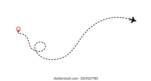 Route of the plane. Airplane flight path with dash line and dash line trace. Vector