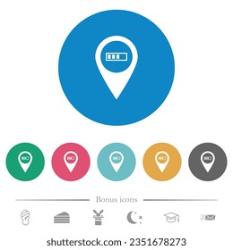 Route planning GPS flat white icons on round color backgrounds. 6 bonus icons included.
