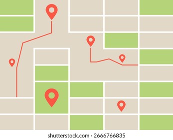 Routenplanung Illustration mit roten Kartennadeln auf Stadtplan