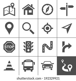 Route planning and transportation icon set. Maps, location and navigation icons. Vector illustration. Simplus series