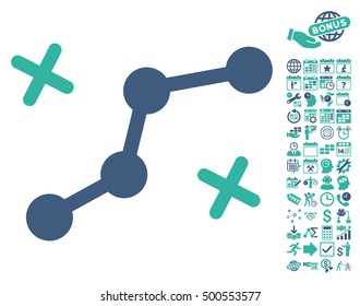 Route Points icon with bonus calendar and time service pictograph collection. Vector illustration style is flat iconic symbols, cobalt and cyan colors, white background.