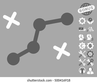 Route Points icon with bonus options pictograms. Vector illustration style is flat iconic symbols, dark gray and white colors, silver background.