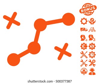 Route Points icon with bonus tools graphic icons. Vector illustration style is flat iconic symbols, orange color, white background.