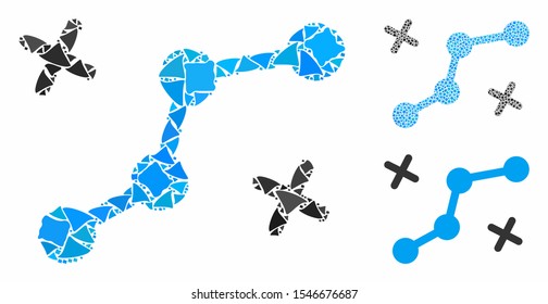 Route points mosaic of raggy elements in variable sizes and color tones, based on route points icon. Vector ragged elements are grouped into collage. Route points icons collage with dotted pattern.