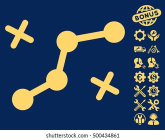 Route Points pictograph with bonus options images. Vector illustration style is flat iconic symbols, yellow color, blue background.