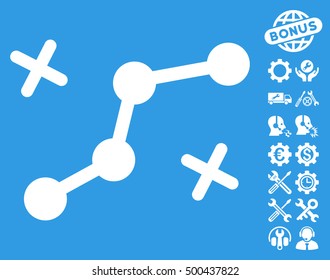Route Points pictograph with bonus settings graphic icons. Vector illustration style is flat iconic symbols, white color, blue background.