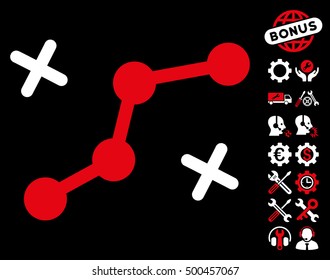 Route Points pictograph with bonus settings graphic icons. Vector illustration style is flat iconic symbols, red and white colors, black background.
