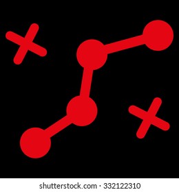 Route Points vector icon. Style is flat symbol, red color, rounded angles, black background.