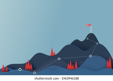 Route to the red flag on the top of mountain.Mountain peak overcoming.Goal achievement and Business success concept.Paper art vector illustration.