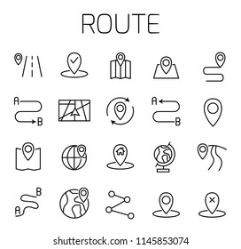 Route related vector icon set. Well-crafted sign in thin line style with editable stroke. Vector symbols isolated on a white background. Simple pictograms.