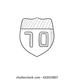 Icono de esbozo vectorial de signo de ruta aislado en el fondo. Icono de señalización de ruta dibujado a mano. Icono de esbozo de la ruta para infografía, sitio web o aplicación.