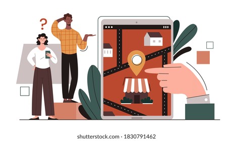 Route search concept with man and woman trying to plot a route using smartphone app. Flat cartoon vector illustrartion