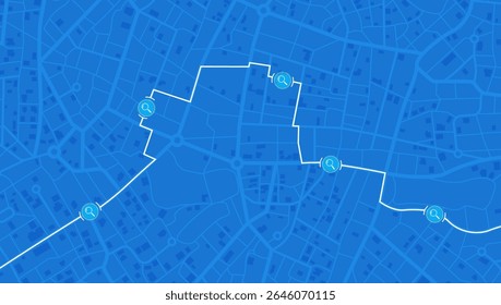 Route zoeken op stadsplattegrond. Meerdere locatiepinnetjes langs het pad. Gedetailleerde straat grid in bovenaanzicht. Stedelijk landschap met architectonische elementen. Vectorillustratie