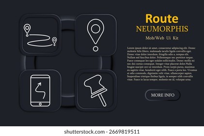 Icono de conjunto de rutas. Ruta curva con marcadores, pin de ubicación, teléfono con flecha de ruta, pin de empuje en estilo de contorno neumático para navegación, mapa, seguimiento UI