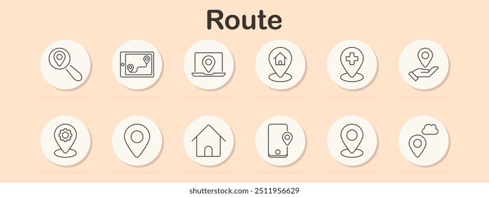 Icono de conjunto de rutas. Locación, GPS, navegación, hogar, hospital, servicio, destino, viaje, mapa, búsqueda en línea, coordenadas, cartografía digital, orientación, seguimiento, logística