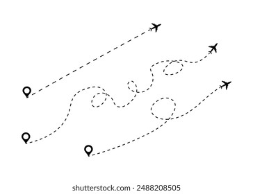 Iconos de conjunto de rutas. Iconos de avión de vuelo. Silueta y estilos lineales. Iconos vectoriales.