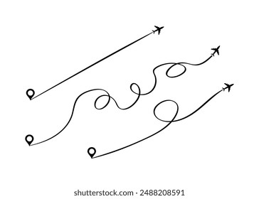 Route Set Icons. Flight Plane Icons. Silhouette and linear styles. Vector icons.