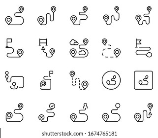 Route set line icons in flat design with elements for web site design and mobile apps.  Collection modern infographic logo and symbol. Route vector line pictogram