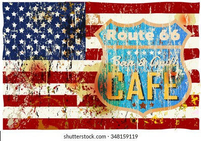 route sixty six cafe sign, stars and stripes, retro style, vector illustration,fictional artwork