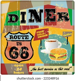 route sixty six diner sign, retro style, vector illustration