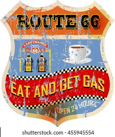 route sixty six gas and diner sign, retro style, vector illustration