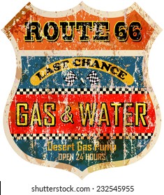 route sixty six gas station sign, retro style, vector illustration
