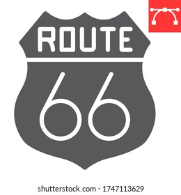 Route Sixty Six Glyph Icon, America And State, Route Sign Vector Graphics, Editable Stroke Solid Icon, Eps 10